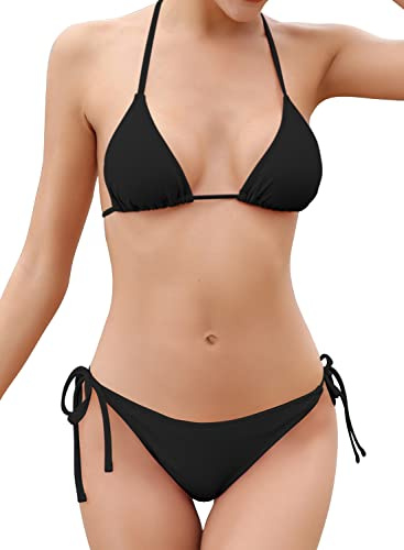 SHEKINI Traje de Baño de Dos Piezas Mujer Acolchada Clásico Ajustable Halter Triángulo Top y Bottom Brasileño Cintura Baja Bikini de La Playa (M, Negro)