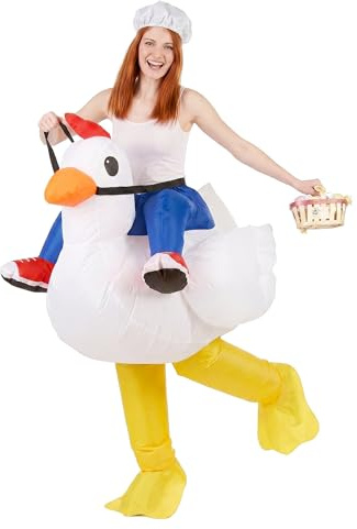 DEGUISE TOI Vegaoo Aufblasbares Huckepack-Kostüm Huhn Weiss-blau-gelb