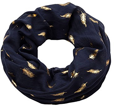 MAKFORT Damen Loop Schal Neu Schlauchscha mit Golden Feder Muster Dunkel Blau
