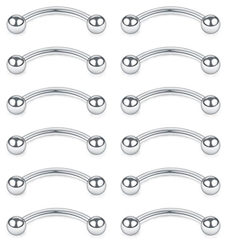 SCERRING 12PCS Stainless Steel Curved Barbell Eyebrow Tragus Helix Ear Belly Lip Ring Body Piercing Jewelry with Balls 16G 8mm