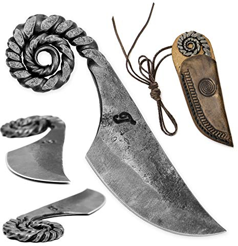 Toferner Couteau de en acier celtique – Forgé à la main – Lame pointue ultra tranchante – Style antique élégant – Avec étui en cuir véritable