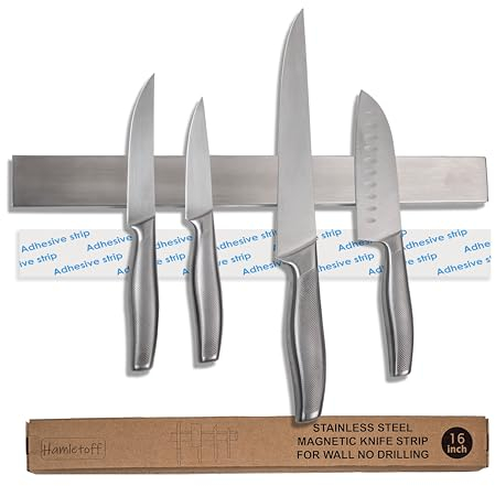 Hamletoff Magnetic Knife Holder for Wall no Drilling – 16 Inch Stainless Steel Magnetic Knife Holder Self Adhesive - Kitchen Magnetic Knife Strip with Adhesive Sticker