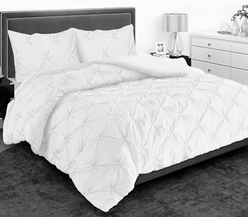 MH Home Pintuck Double Duvet Cover Set - 200 Thread Count 100% Egyptian Cotton Pinch Pleated Quilt Bedding Covers Set (White, Double)