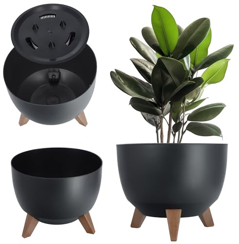KADAX Pot de Fleurs en Plastique sur Trois Pieds, Effet Bois pour Sublimer la Décoration de Votre Maison et de Votre Jardin, Intérieur et Extérieur (Noir, 29 cm)