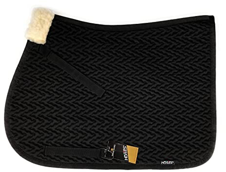 Tapis de Selle d'équitation, Monte Anglaise, Idéal pour le Saut d’Obstacles, Fermeture Velcro, Matelassage, Insert en Fourrure, Équipement (Cob, noir)