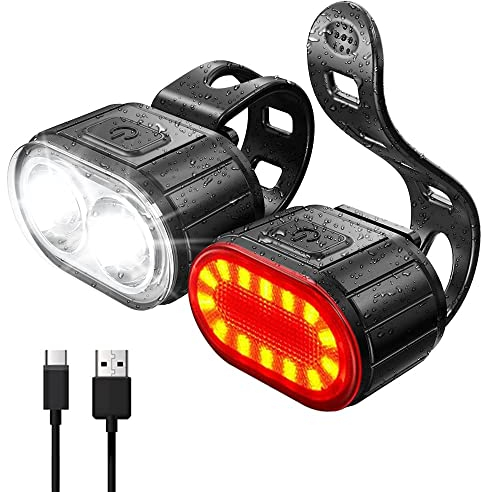 USB Rechargeable Bike Light Set, 350 Lumen Super Bright Bike Lights Front and Back LED Rear Taillight, Bicycle Lights for Night Riding Safety, Waterproof IPX5, 4/6 Modes, Mode Memory