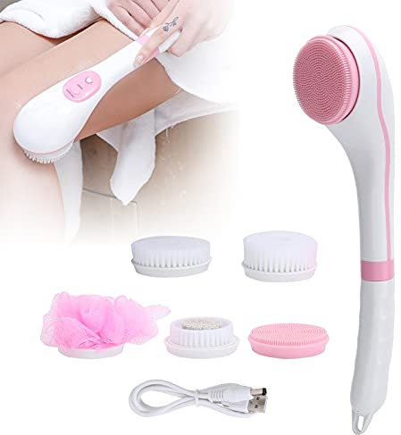 Elektrische Körper Badebürste mit USB Ladegerät, 6 Gänge Verstellbares Bade Körperbürsten Set Duschbürste Rückenwäscher Multifunktions Langgriff Massage, Langer Griff für(Rosa)