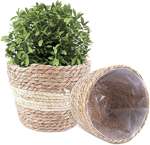 WDDT Cesta de Planta, Juego de 2 Maceta Tejida, Cestas de Plantas Flores Cesta Mimbre, Macetas de Flores Cesta de Almacenamiento, para Decoración de Jardín Interiores y Exteriores