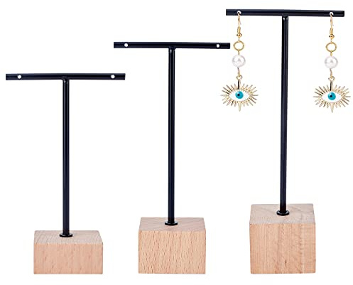 FINGERINSPIRE Schwarzer Metall-3-teiliger T-Bar-Ohrring-Ausstellungsständer mit Holzsockel Schmuckhalter zum Aufhängen von Schmuck-Organizer für den Einzelhandel Fotografie-Requisiten
