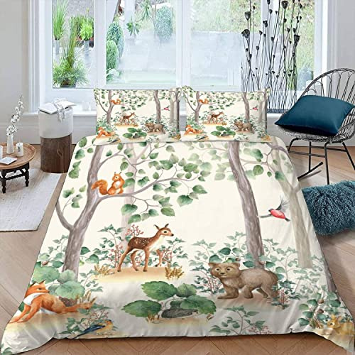 Housse de Couette 200x200 Animaux De La Forêt Parure de Lit 200x200 Ado 2 Personnes Garcon et Fille 3D Imprimé Aquarelle Microfibre Literie avec Fermeture Éclair et 2 Taies d'oreiller 50x75