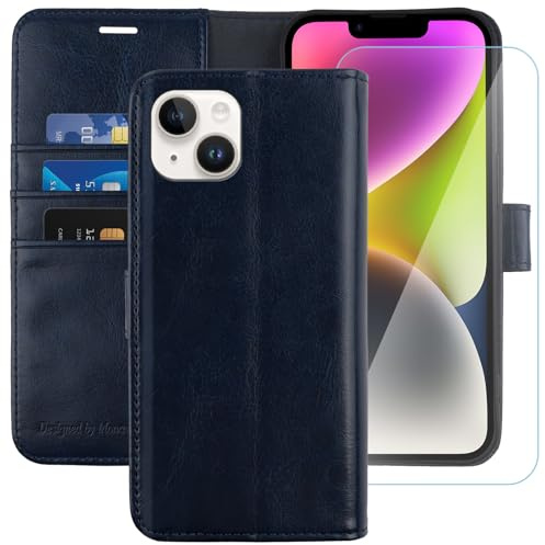 MONASAY Wallet Case for iPhone 14 5G,[Glass Screen Protector Included] [RFID Blocking] Flip Folio Leather Cell Phone Cover with Credit Card Holder，6.1-inch,Blue