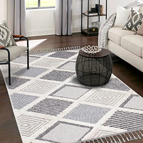 payé Teppich Wohnzimmer - Raute Muster - 80x150cm Creme Grau Blau - Fransen Deko Boho Flauschig - Cut & Loop Sisal - Schlafzimmer Flur Dekoration Läufer - Orientalische Teppiche