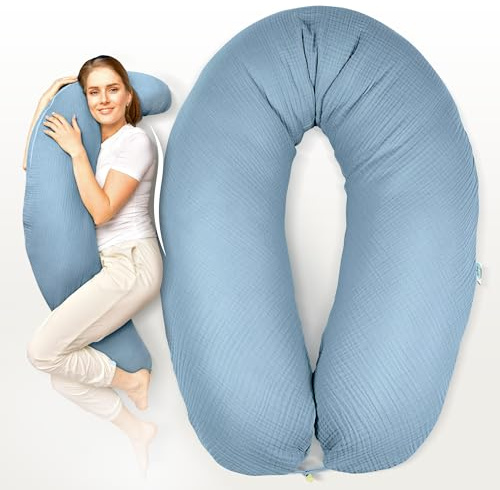 sei Design Stillkissen Mikroperlen XXL Lagerungskissen Schwangerschaftskissen Seitenschläferkissen 190x35 cm groß (Bezug Musselin Denim, Füllung EPS Mikroperlen)