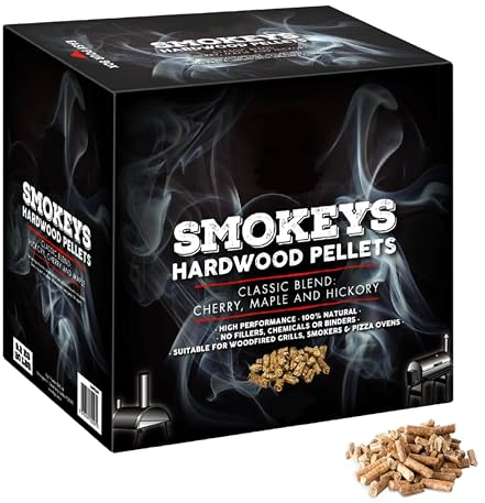 TOPLINE Big K Smokey's Premium Hardwood Pellets - 9 kg Box of 100% Natural Classic Blend Cherry, Maple & Hickory BBQ Wood Smoking Pellets with Card for Woodfire Grills, Smokers & Pizza Ovens., Brown