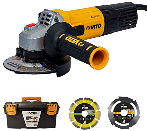 Smerigliatrice angolare 850 W 115 mm VITO + disco taglio legno e PVC + disco diamantato laser + cassetta degli attrezzi