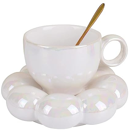 Tasse à café en céramique, tasse à café et soucoupe, mignonne tasse avec cuillère à fleur et dessous de verre, tasse à thé avec plateau, tasses à latte de 200 ml pour le bureau et la maison (blanc)