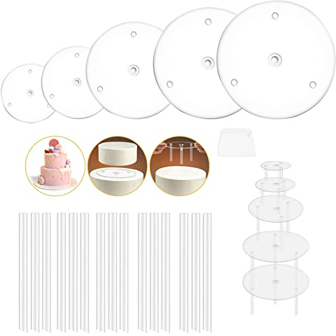 XSEXO Cake supports for multi-tier cakes, 5 Piece Cake Stand Sets, cake base with 15 pieces of plastic dowel rods, reusable for tiered stacked cakes, for weddings, birthdays, parties, festivals