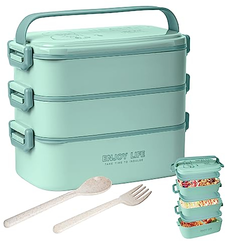 Caja bento de 3 capas de 2700 ml con tenedor y cuchara, fiambrera 4 en 1 para adultos, contenedor de preparación de comidas para estudiantes, escuela, oficina, microondas, lavavajillas (Azul-lago)