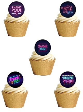 24 Pre-Cut Neon Thank You Themed Edible Wafer Paper Cake Toppers Decorations
