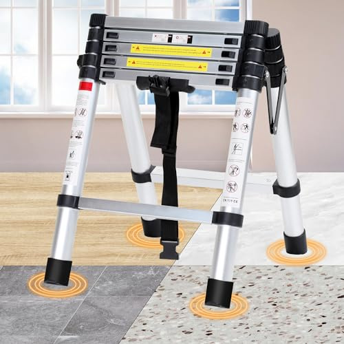 Eulenke Teleskopleiter 1.7m+2.0m Aluminium Trittleiter 5+6 Stufen Tragbare rutschfeste Klappleiter, 150 kg Belastbarkeit Stehleiter, Aluleiter für Drinnen, Draußen, Mehrzweckleiter, Haushaltsleiter