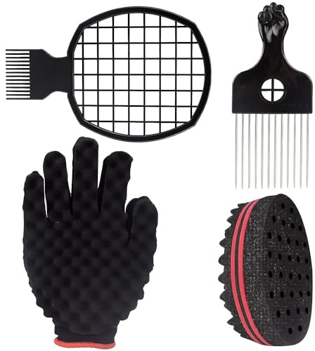 Juego de herramientas para el cabello, cepillo de esponja giratoria, guante de peine de metal para mujeres afro y hombres, negro (tipo F)