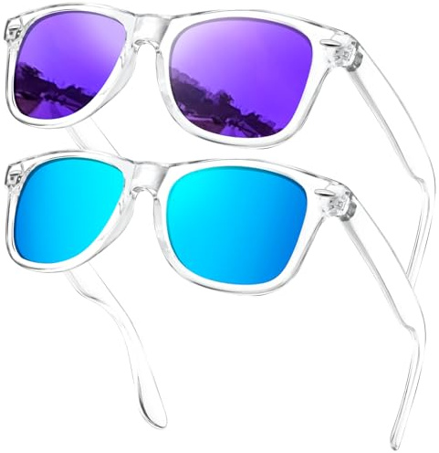 KANASTAL 2 Pezzi Occhiali da Sole Viola Blu Specchio Uomo Donna Polarizzati UV400 Trasparenti Specchiati Due Paia Quadrati Alla Moda Montatura Trasparente Purple Blue Sunglasses -Azzurri + Lilla