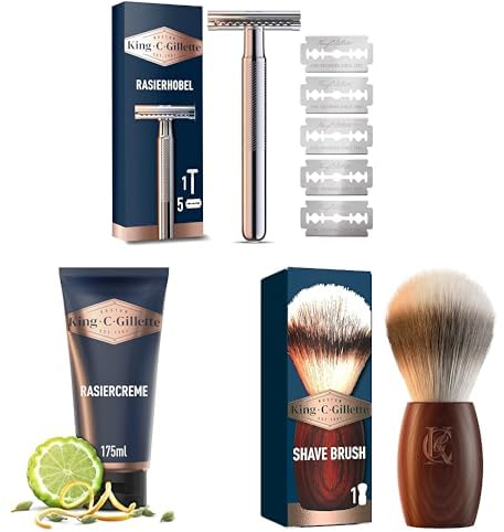 King C. Gillette Rasierhobel + 5 Rasierklingen + Original-Rasiercreme + Rasierpinsel, Geschenk für Männer