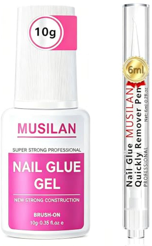 MUSILAN Nagelkleber Gel mit Pinsel und Nagelkleberentferner Stift Set, Halbfester Gel Nagelkleber für Kunstnägel keine UV Lampe erforderlich, 3-in-1 Nail Glue Remover Pen Design für Nägel 10g/6ml