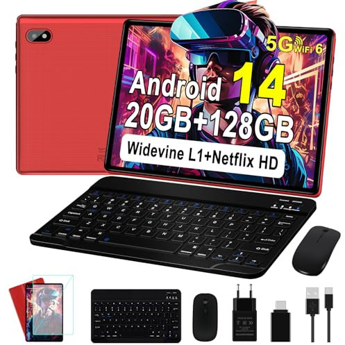 Tablet 10 Pollici Android 14 con 20GB RAM + 128GB ROM (TF/1TB), 5G WiFi 6, Octa-Core, GMS, Bluetooth 5.0, 5MP + 8MP, 1280 * 800 FHD, Widevine L1, 2025 Newest Tablet 2 in 1 con Tastiera e Mouse - Red