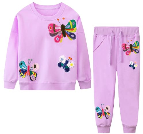 FILOWA Tuta Completini Ragazza Bambina Sportivi Tute da Ginnastica Cotone Tracksuit Maglieria Felpe Pantaloni Farfalla Ricamo Jogging Set Caldo Autunno Inverno Abbigliamento 4-5 Anni, Viola