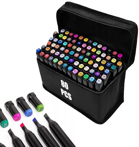 H&F Heimtextilien Alkoholmarker Set 80 Farben – doppelseitig (Fein & Breit) – schnelltrocknend, blendbar & wischfest – nummerierte Kappen & Tasche – für Manga & Illustration