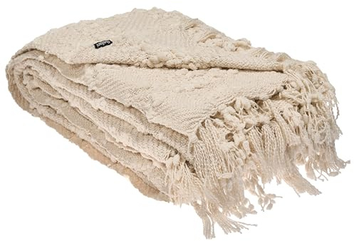 Beliani Decke Stoff gestrickt Creme weiß mit Quasten 150 x 200 cm Kuscheldecke Vella