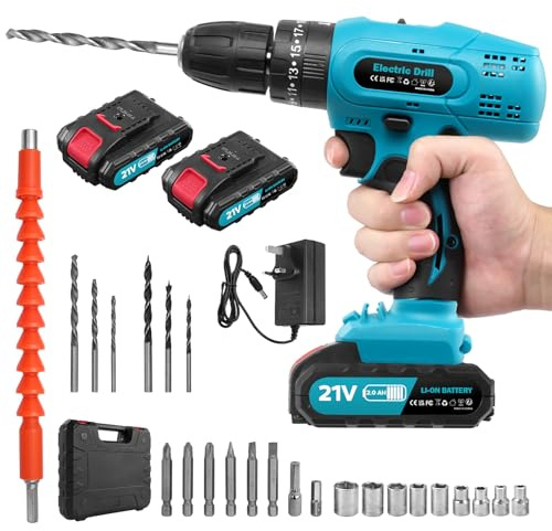 Cordless Electric Screwdriver，50Nm Torque Cordless Screwdriver 2000mAh 21V with 24 Accessories, LED Work Light,2pcs Electric Drill Quick Change Power Drill Battery,Charger Included and Storage Box