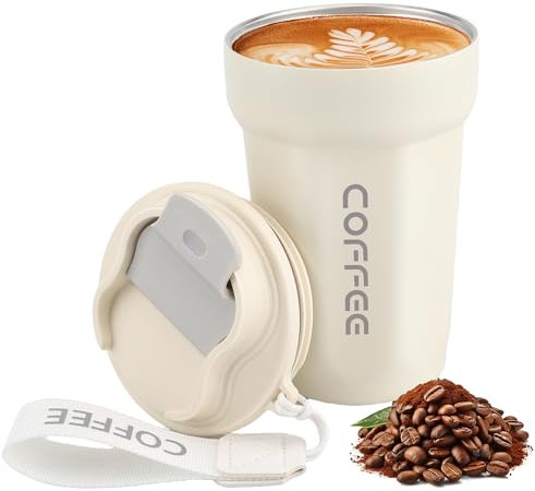 Tazza Termica da Caffè To Go - Thermos In Acciaio Inox 450ml - Tazza Caffè da Viaggio - Travel Mug - Bicchiere Isolante Sottovuoto a Prova di Perdite con Coperchio - Coffee Mug (Bianco)