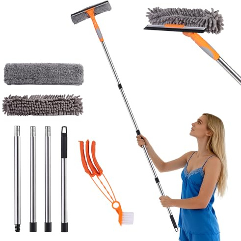 GOYOXOKY Fensterwischer mit 1.7m Teleskopstange, 2 In 1 Professioneller Fensterreiniger Set mit mit Silikonabzieher & Mikrofaserschrubber, Fensterputzer für Bad, Dusche, Glas, Spiegel, Auto