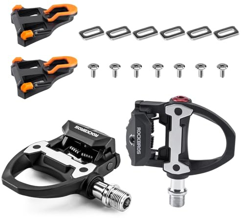 ROCKBROS Pedales Automáticos SPD para Bicicleta de Carretera, Pedales Aleación de Aluminio Antideslizantesde con Tensión Ajustable, Rodamientos Sellados, Eje de CrMo, Calas Incluidas, Negro