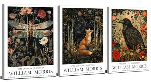 Set of 3 William Morris Wall Art William Morris Prints Framed Poster Vintage Animal Wall Decor Crow Fox Canvas Pictures Botanical Flower Prints Artwork Living Room Bedroom Bathroom Decoration 30x40cm