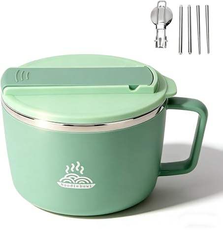 Snabb Ramen Skål Dubbelskikt Rostfritt Stål Nudel Skåluppsättning med Telefonplats, 1200 Ml Ramen Spisskål, Bärbar Soppskål för Kontor (Grön)