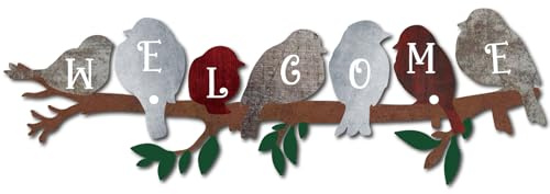 CREATCABIN Metallvogel Wandkunst Außenbereich Rustikale Eisen Wanddekoration Lebendige Bunte Fliegende Tiere Zweige Hängendes Ornament Schild Skulptur Für Wohnzimmer Zuhause Büro Küche Garten 30x10cm