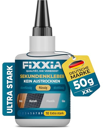 FIXXIA 50 g Colla istantanea extra forte con innovativo tappo a spillo, disponibile in versione liquida o gelatinosa, supercolla, colla extra forte, colla per metalli (liquido)