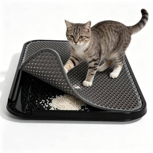 Katzenstreu Matte Grau, 61,5×40 cm Rechteckige Doppelschicht | Katzenklo Unterlage, EVA Waben & PVC Tablett, Rutschfeste, Wasserdichte Streumatte für Katzentoilette