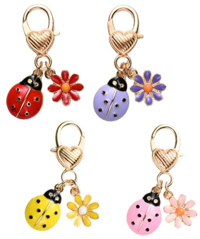 Lot de 4 porte-clés coccinelle émaillée, porte-clés insecte marguerite de dessin animé, unisexe, idéal pour les amoureux des insectes comme cadeau de Pâques, de carnaval ou d'anniversaire