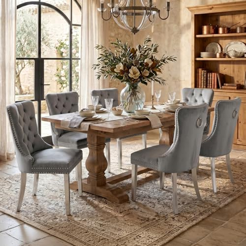 Esszimmerstühle mit gepolstertem Flügelrücken, grau und silber, 6er Set | Weicher Samtbezug, Tufting, Nietenbesatz, Rückenring, silberne Metallbeine. Ideal für Esszimmer, Wohnzimmer, Innendekoration.