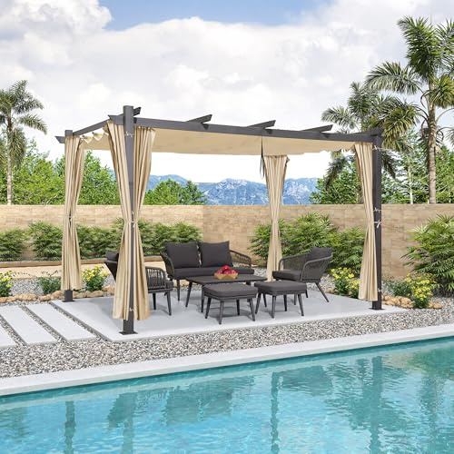 PURPLE LEAF Pergola Aluminium 4 x 3 m avec Rideaux sur Les 4 Côtés, Pergola Jardin Extérieur Toit Coulissante, Tonnelle de Jardin Tissu Teint en Fil, Kaki
