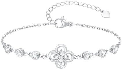 Kleeblatt Armband Damen Gold Silber - 14K Vergoldet Armkette für Mädchen Frauen, Charm Armband mit Zirkonia Vierblättrige Kleeblatt, Weißgold Plattiert Schmuck Geschenk für Jahrestag Weihnachten