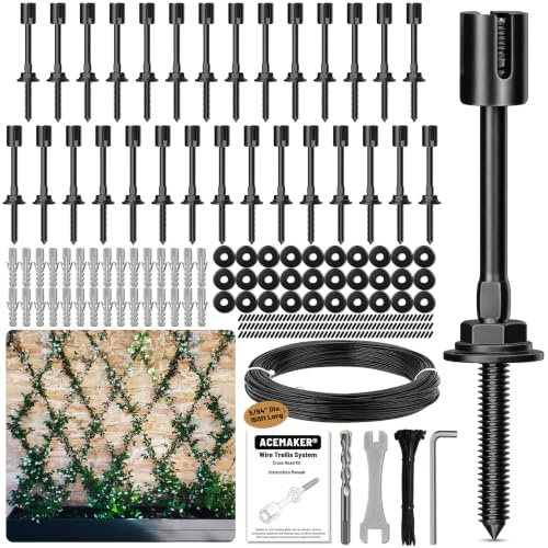 Acemaker Set di 30 graticci in filo nero da 2 mm per piante rampicanti all'aperto con cavo rivestito in vinile da 45,7 m, kit di tralicci da parete in acciaio inossidabile T316