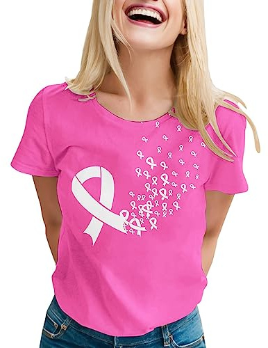 T Shirt Octobre Rose Femme - Tee Shirt Femme Coton Imprimé Ruban Rose T-Shirt Cancer du Sein Tshirt À Manches Courtes Haut Chic Et Élégant Été Teeshirt Top Grande Taille 2025