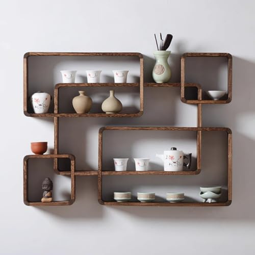 Estante flotante de nogal con 5 compartimentos, montado en la pared, de madera maciza, estilo granja, para sala de estar, dormitorio y decoración de oficina