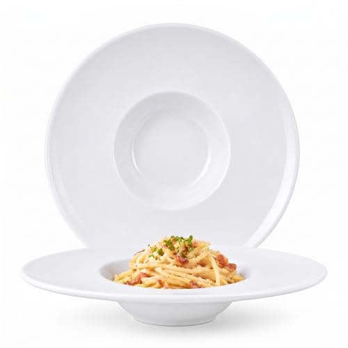 YALONG 11 Inch Pasta Bowls Set of 2, 10 oz Rimmed Soup Plates with Wide Rim, White Porcelain Pasta Plates and Soup Bowls, Shallow Pasta Bowls for Salad and Dining, Microwave & Dishwasher Safe