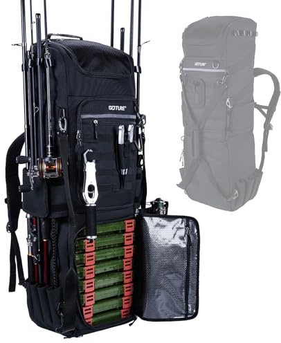 Goture Angelrucksack, 116-Liter Angelzubehör-Rucksack mit Zwei Rutenhaltern und Regenschutz, 600D Oxford-Gewebe Wasserabweisende Angelgerätetasche mit verstellbarem Fach